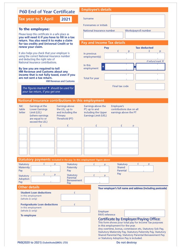 HMRC Approved Single Sheet P60 (Portrait) - Hague Direct